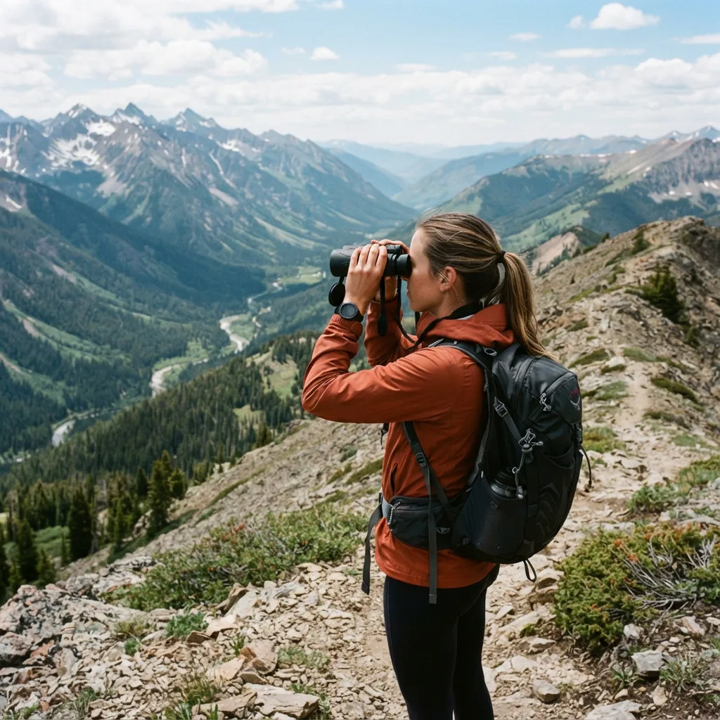 Hiker using Simmons binoculars to get a closer look at a distant mountain landscape.