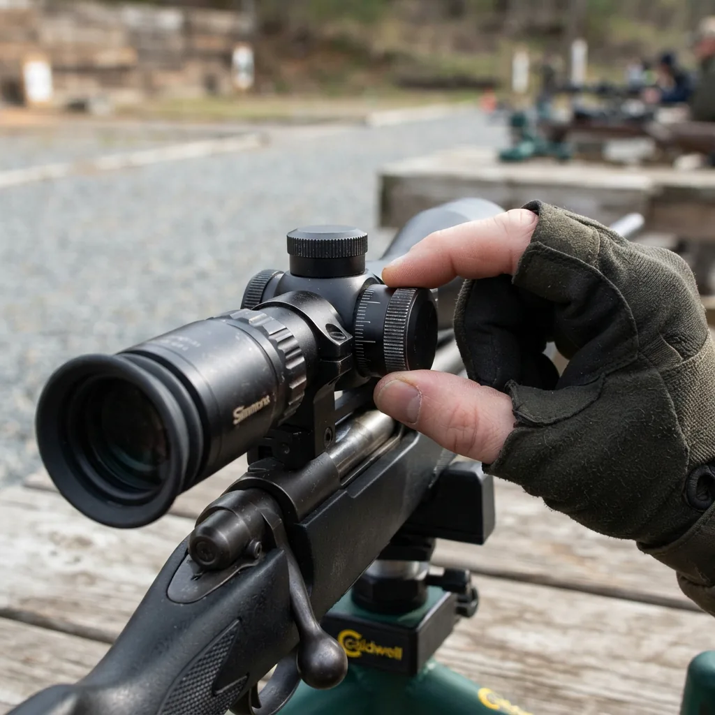 Close-up of fingers turning the windage adjustment knob on the Simmons scope while at a shooting bench.
