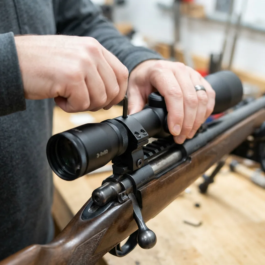 Hands using a tool to evenly tighten the mounting screws on the Weaver-style rings securing the Simmons Pro Hunter riflescope to a rifle.
