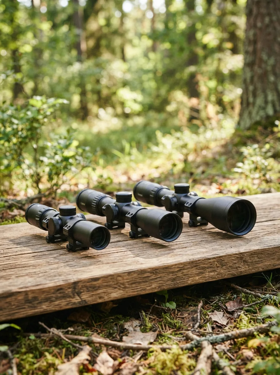 A lineup of three Simmons shotgun scopes displayed on a wooden surface in front of a blurred outdoor backdrop.