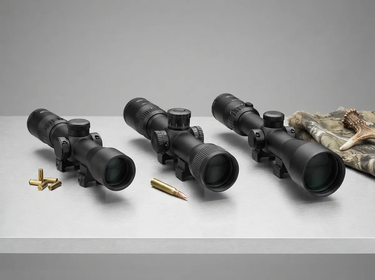 Three distinct Simmons riflescope models representing the Rimfire, Target, and Hunter lines