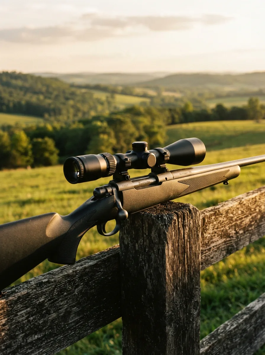 A Simmons Pro Hunter riflescope mounted on a rifle resting on a wooden fence rail in a sunlit field