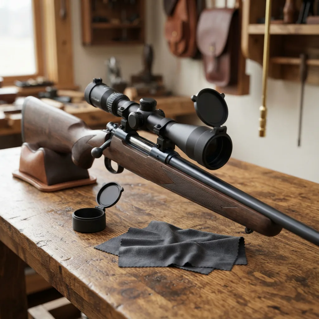 The Simmons ProTarget scope mounted on a bolt-action rifle, displayed alongside the included flip-up lens caps and cleaning cloth.
