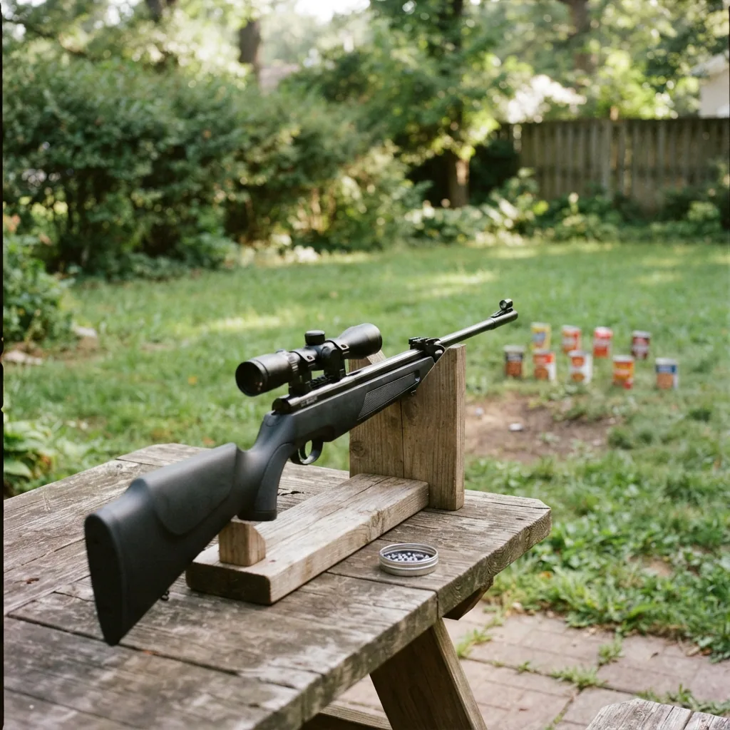 An air rifle with a compact Simmons scope set up for backyard plinking
