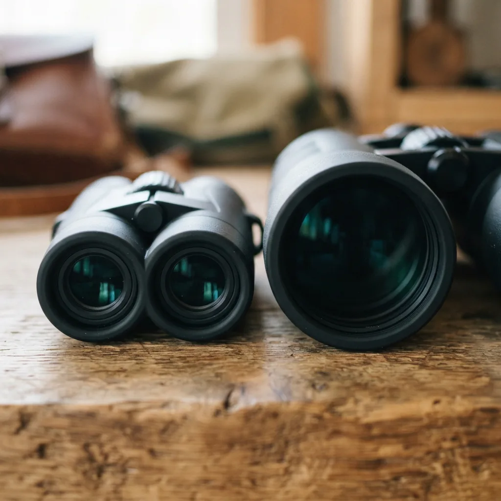 Close-up of binocular eyepieces and objective lenses showing different sizes.