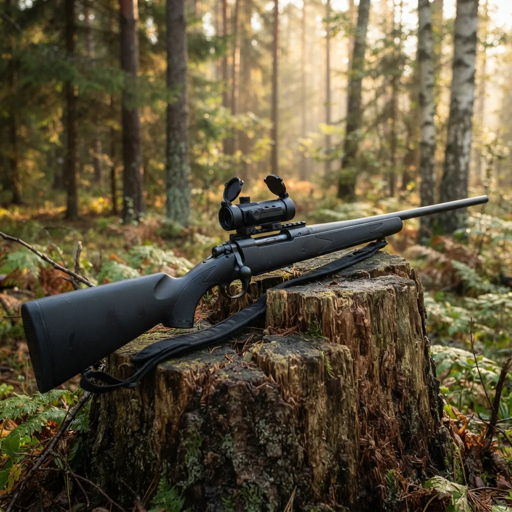 The Simmons red dot sight mounted on a rifle in a hunting setting, with a forest in the background.
