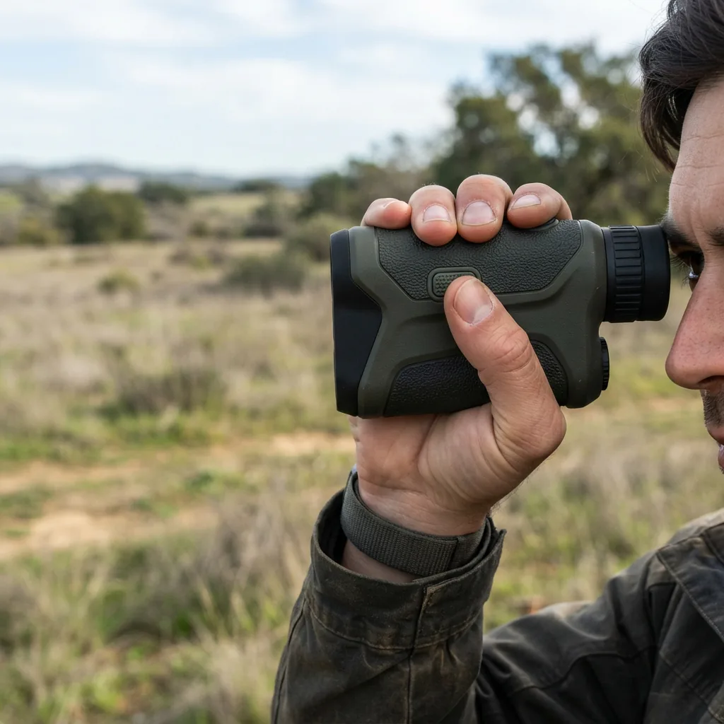 A hand holding the rangefinder, pressing the power button while aiming at a target.