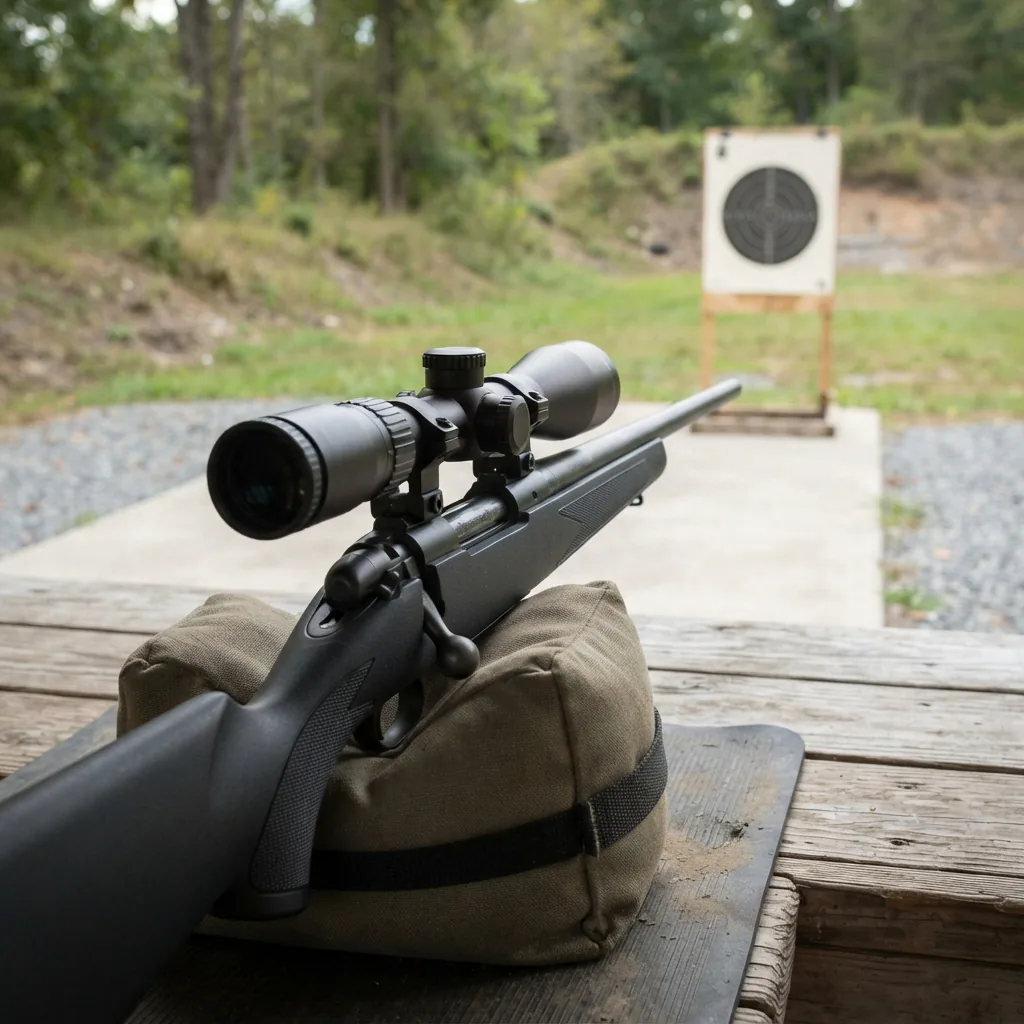 Rifle with Simmons Pro Hunter scope resting on a sandbag at a shooting range.