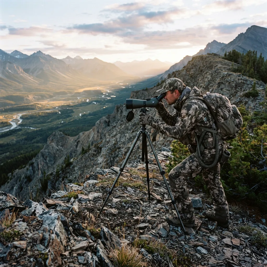 A hunter using a spotting scope on a ridge to observe a distant valley during a hunt.