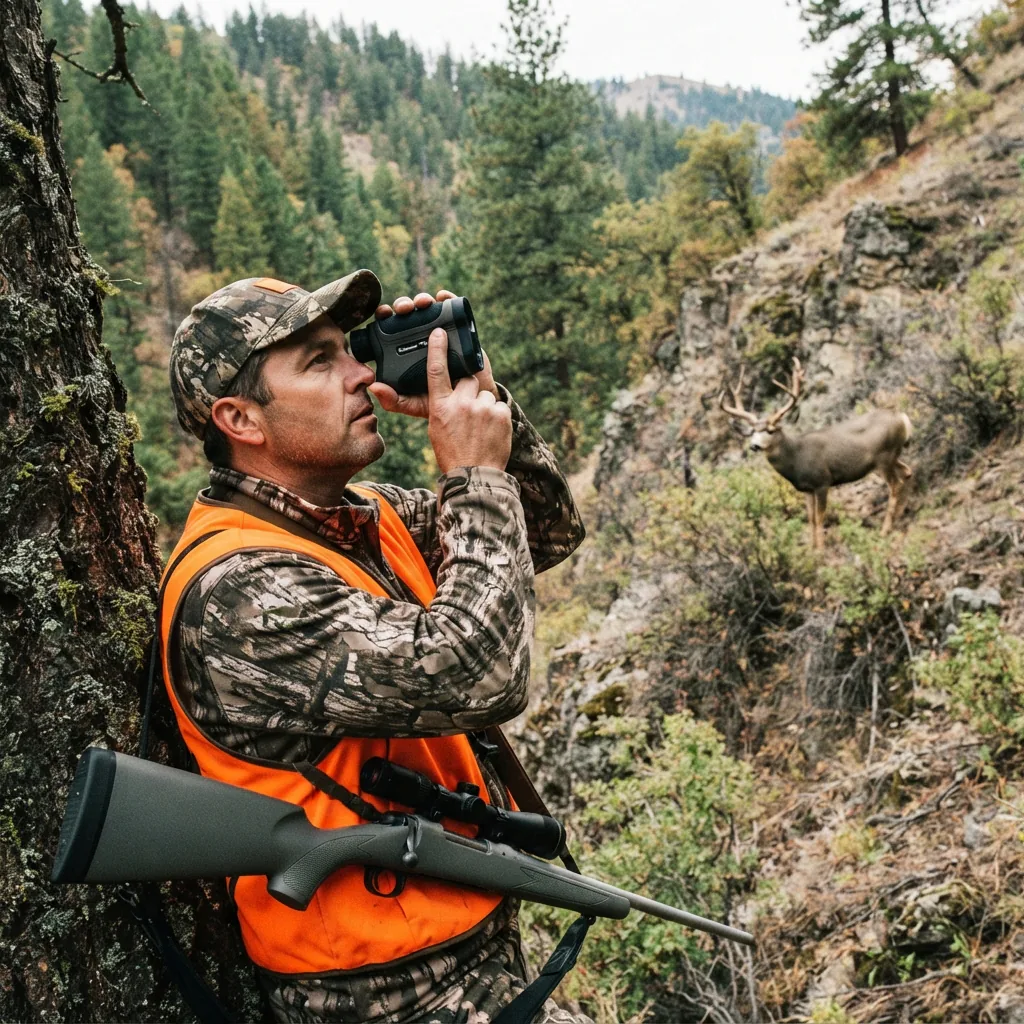 The rangefinder being used to range a target positioned on an incline.