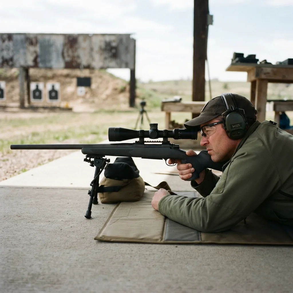 A shooter at a range, focused on a target through a mounted rifle scope.