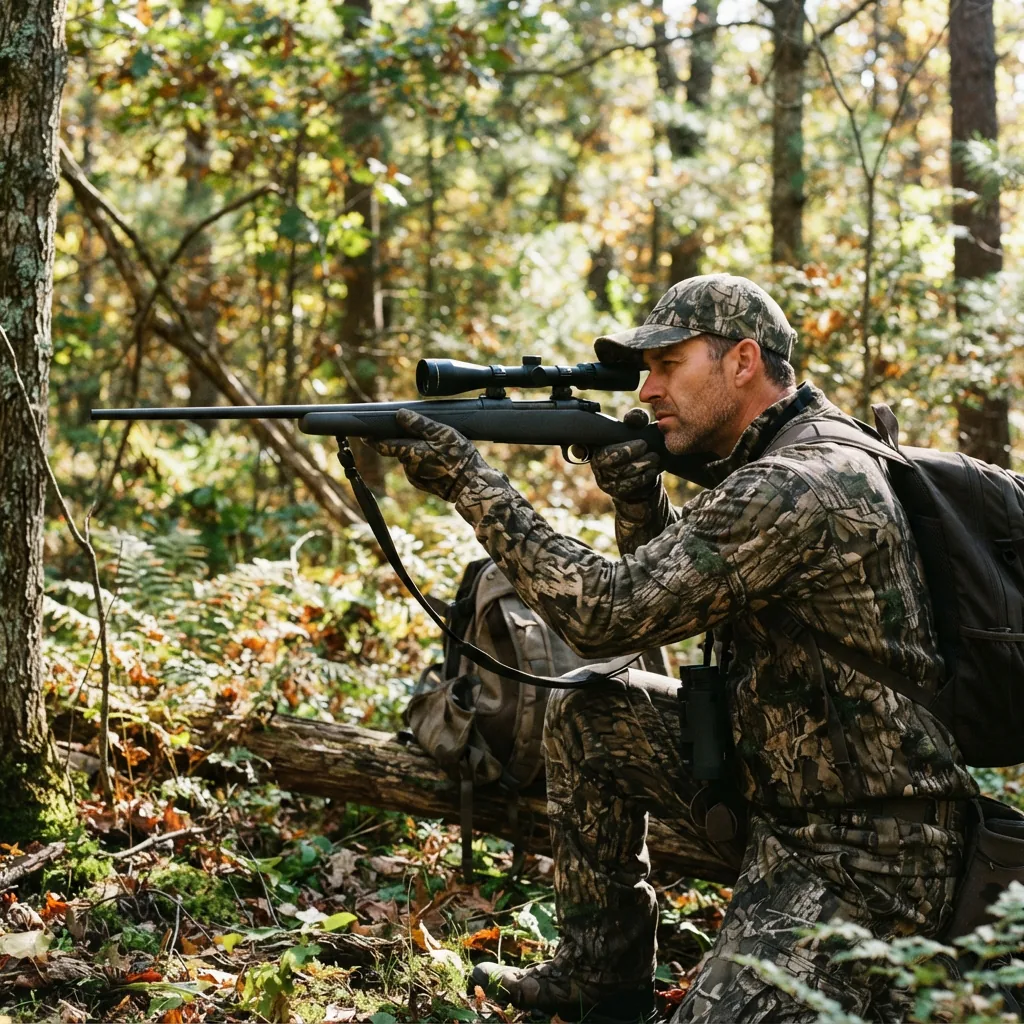 A hunter in camouflage looking through a rifle equipped with the Simmons scope in a wooded setting.