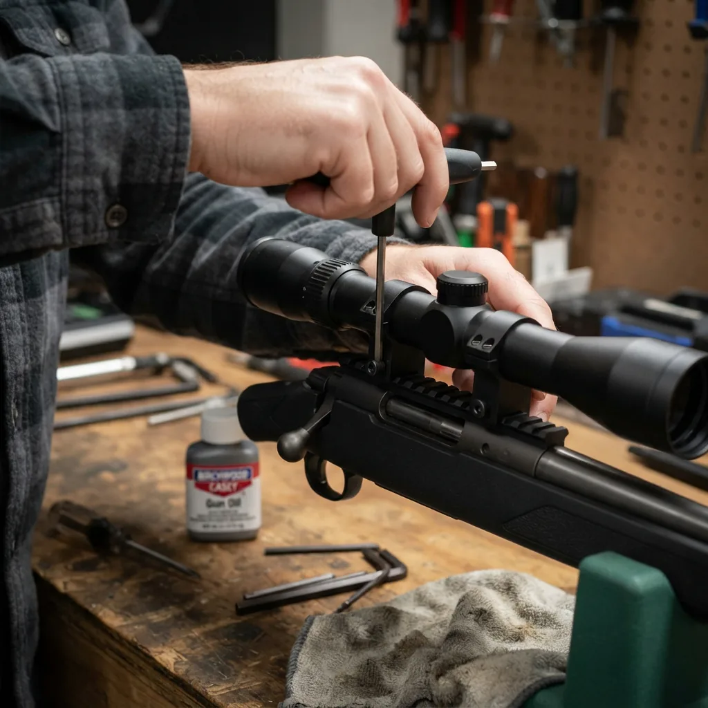 Hands attaching the Simmons Pro Rimfire scope to a rifle using the included Weaver-style rings.