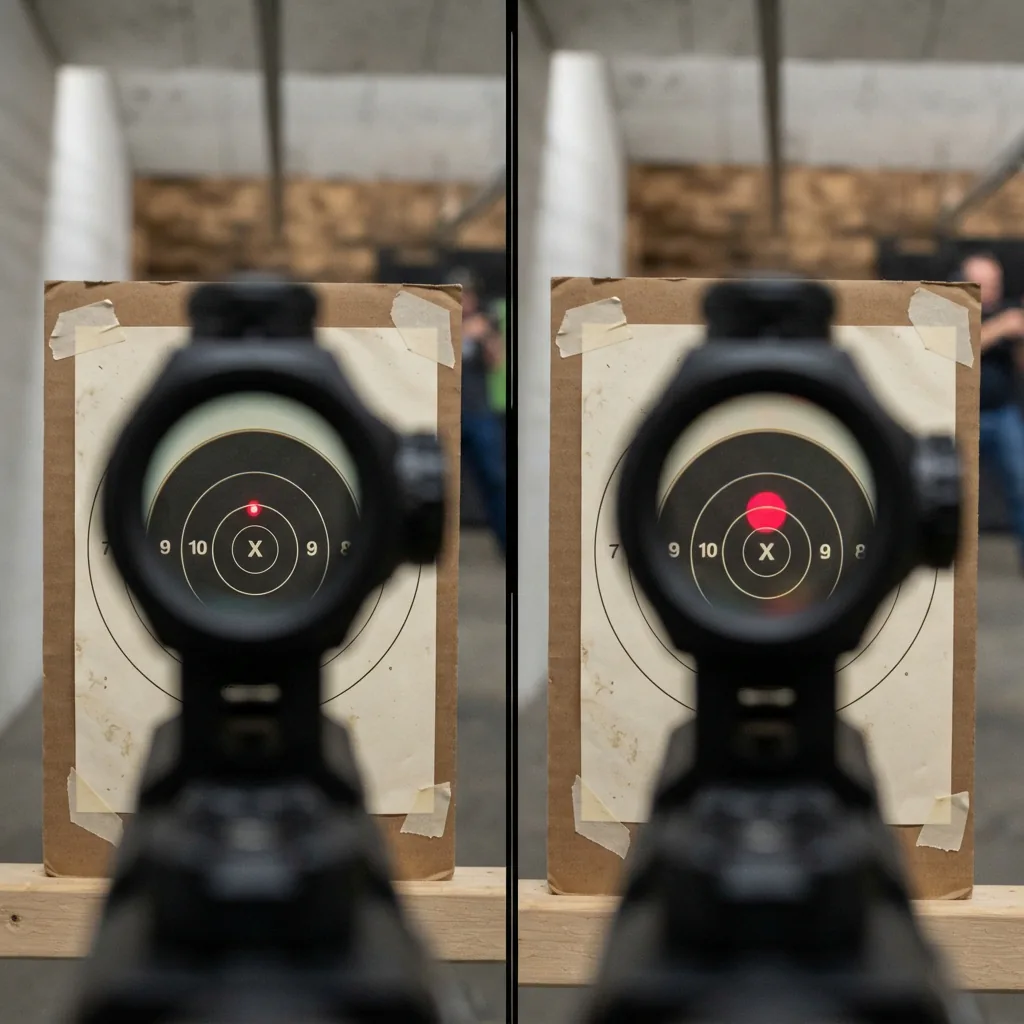 Close-up view of two different red dot sizes, a 3 MOA and a 5 MOA dot, superimposed on a shooting target.