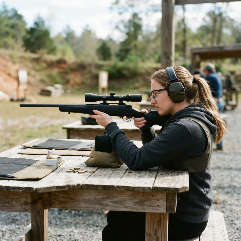 A young adult shooting a rimfire rifle with the Simmons Pro Rimfire scope at an outdoor range.