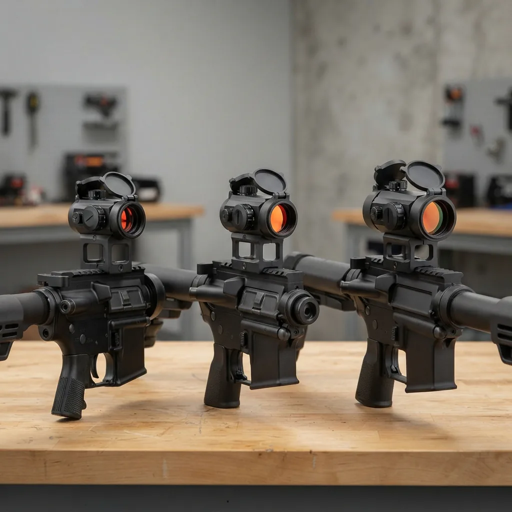 Side-by-side comparison of red dot sights with 20mm, 25mm, and 30mm objective lenses mounted on rifles.