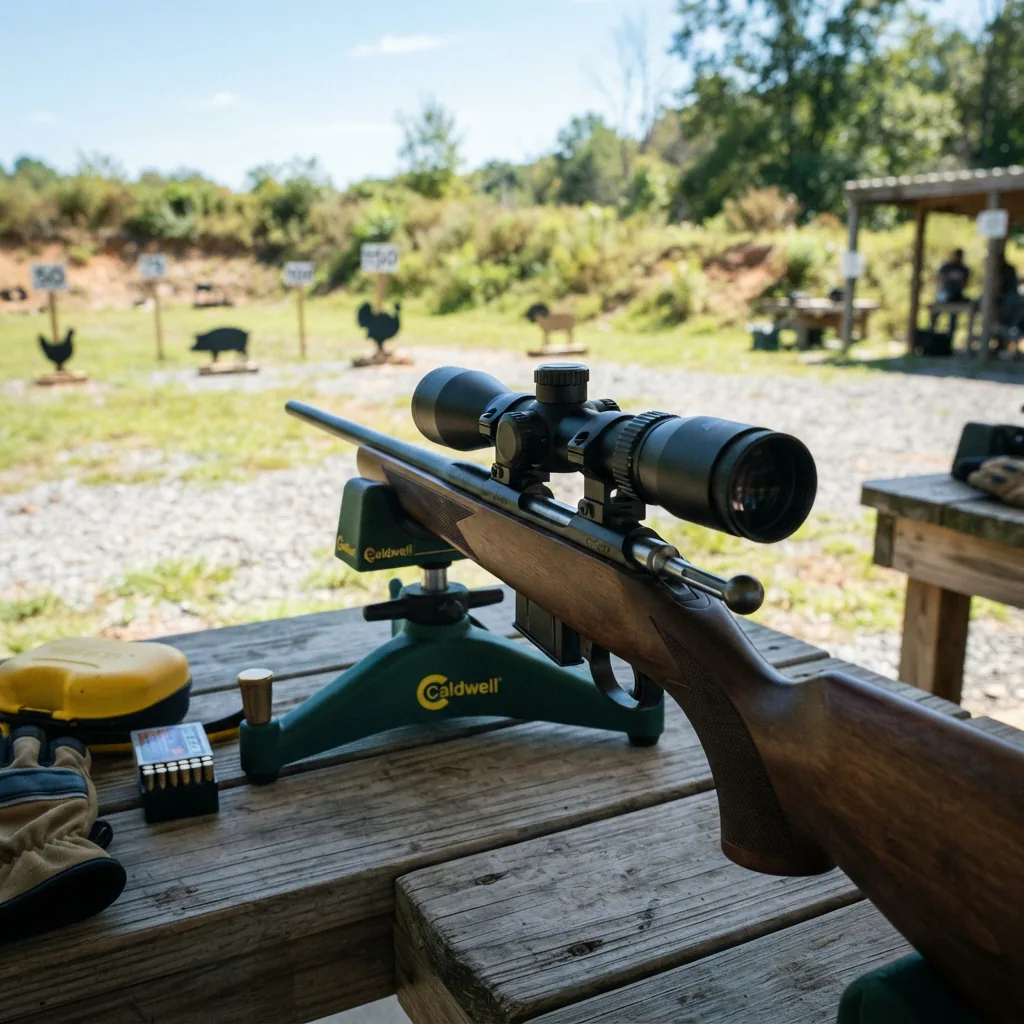 Simmons Pro Rimfire 4x32 scope mounted on a rifle aimed at steel targets in an open field range.