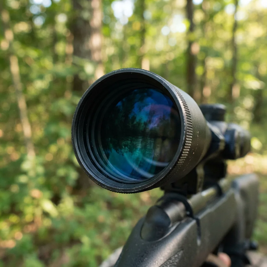 Close-up of the large objective lens on a Simmons Pro Hunter 6-18x50mm riflescope