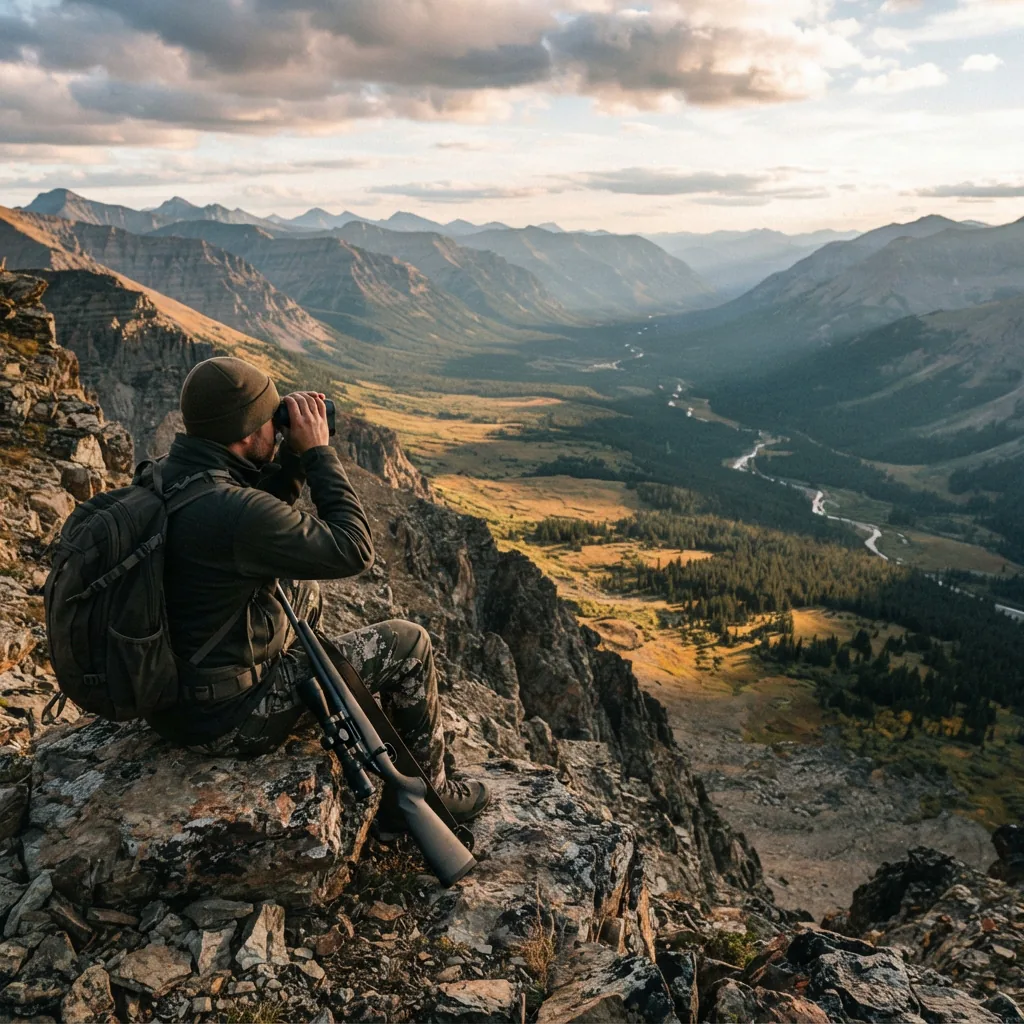 Hunter glassing an open valley with a rangefinder.