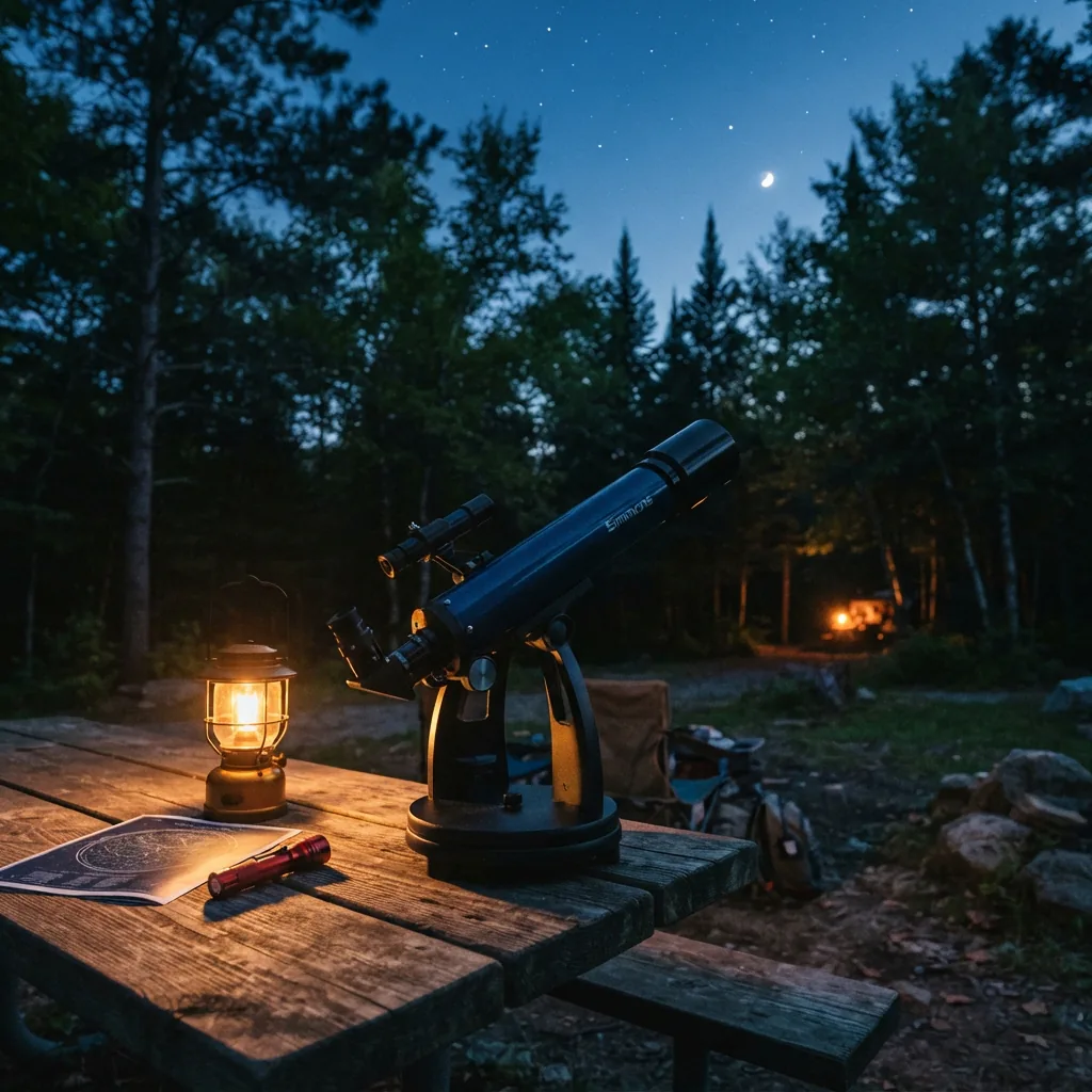 A portable telescope set up on a picnic table at a campsite at dusk.