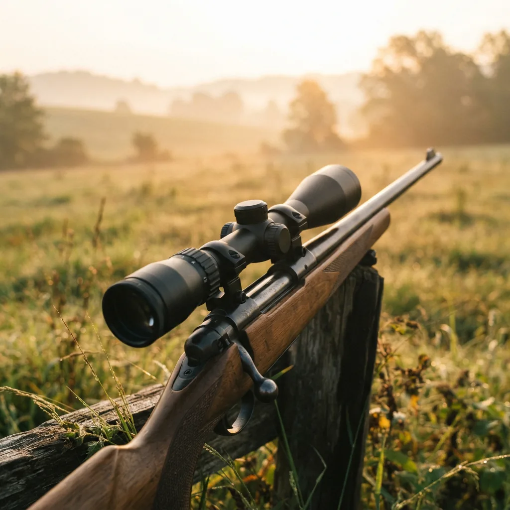 Simmons Pro Hunter 4-12x40MM Riflescope, shown in a natural outdoor setting to highlight its intended use.