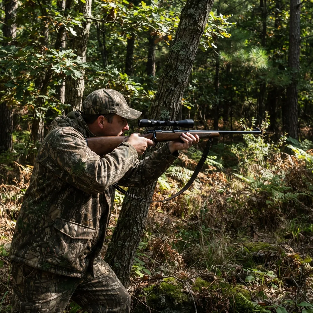 A hunter in a forest, aiming a .22 rifle with the Simmons scope, scanning for small game.