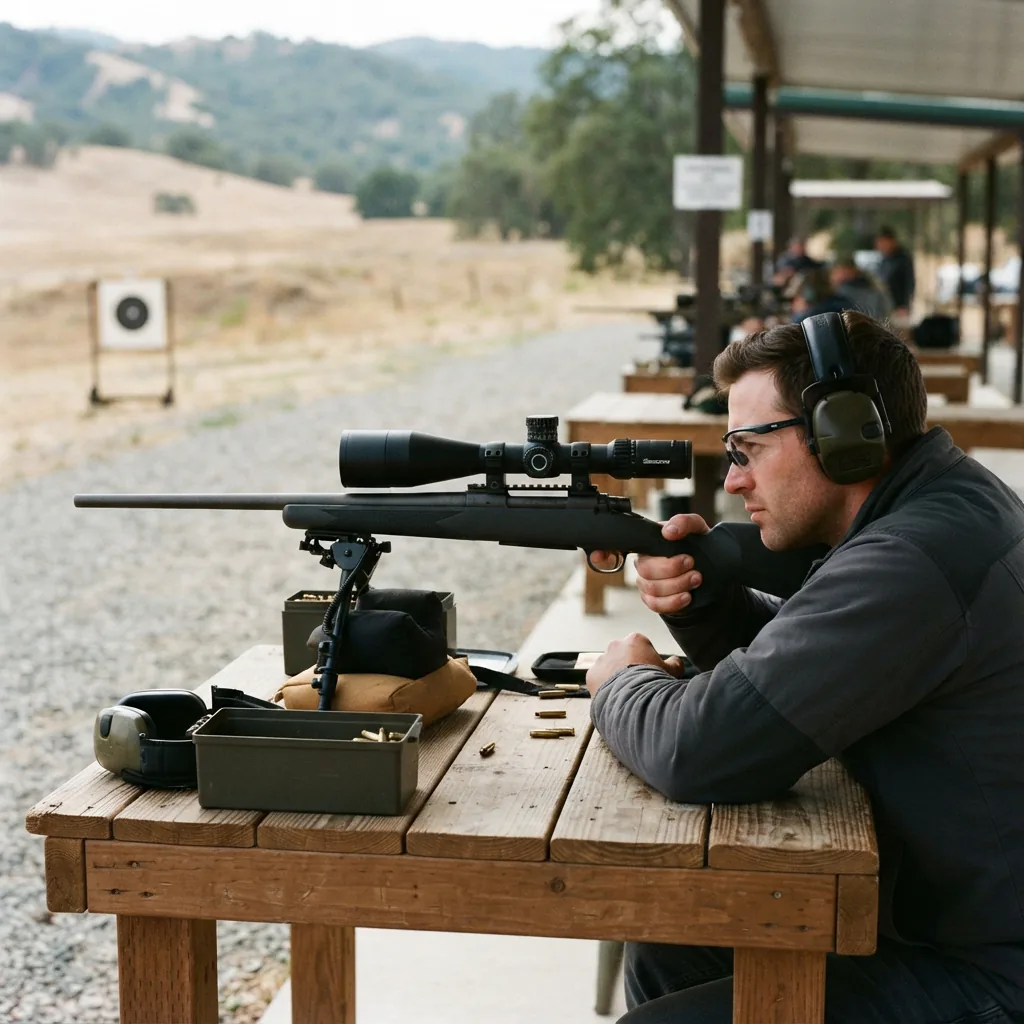A shooter at a bench rest using a Simmons high-magnification scope on a target rifle