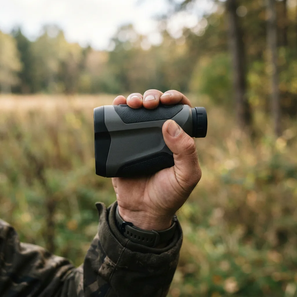 Hand holding the Simmons Venture Laser Rangefinder against a blurry field background.