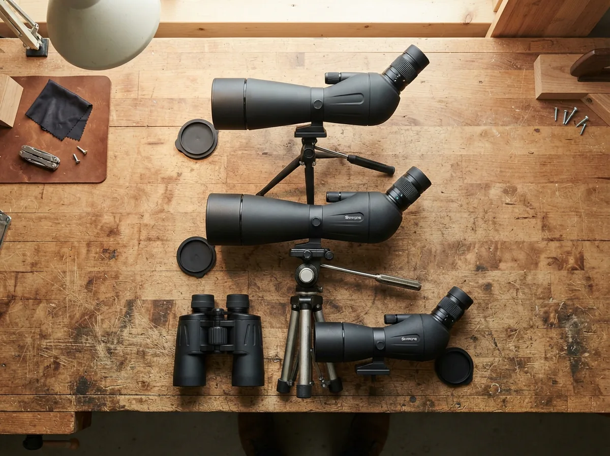 Three different Simmons Venture spotting scope configurations arranged for comparison on a workbench.