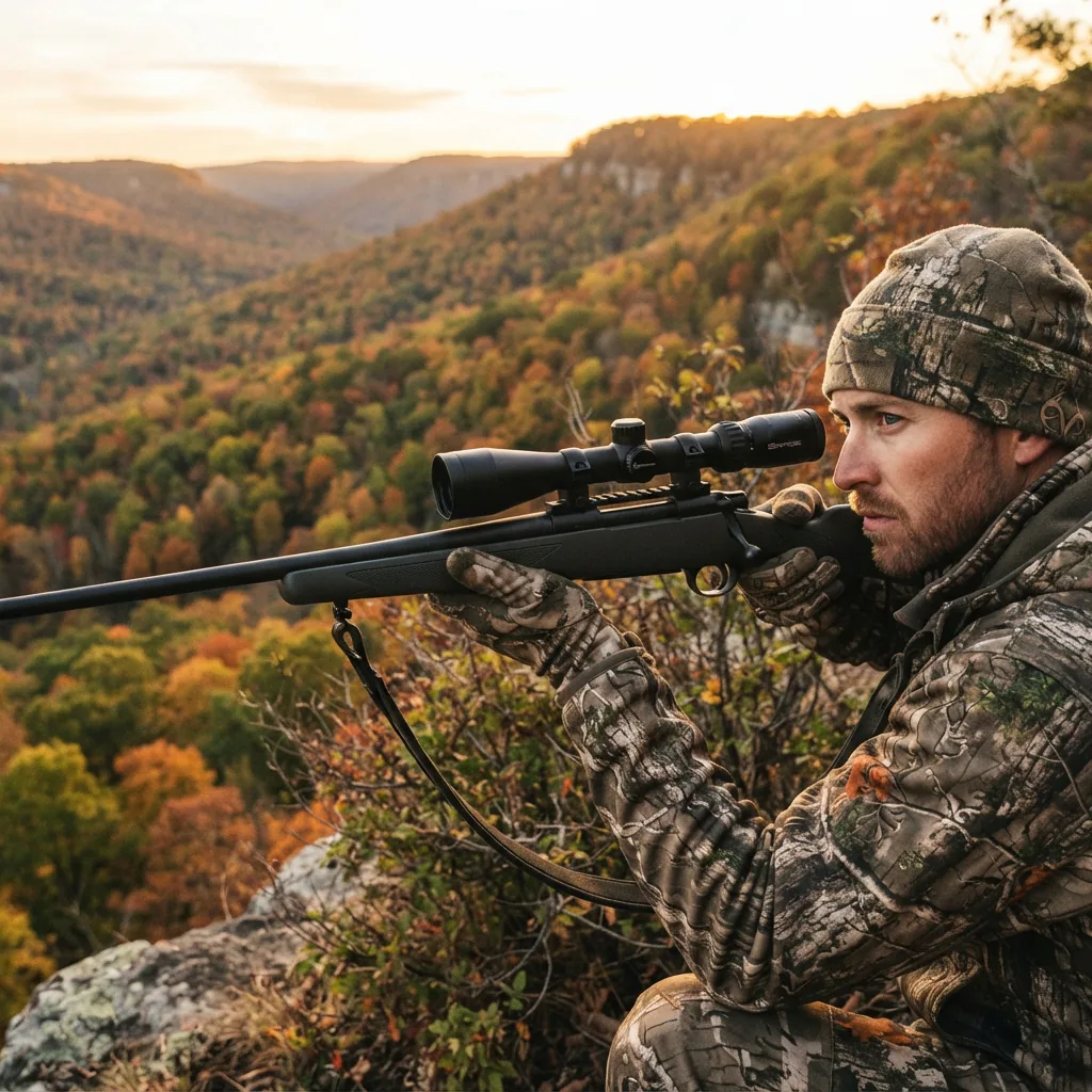 A hunter with a rifle and Simmons scope glassing a distant wooded hillside during a hunt