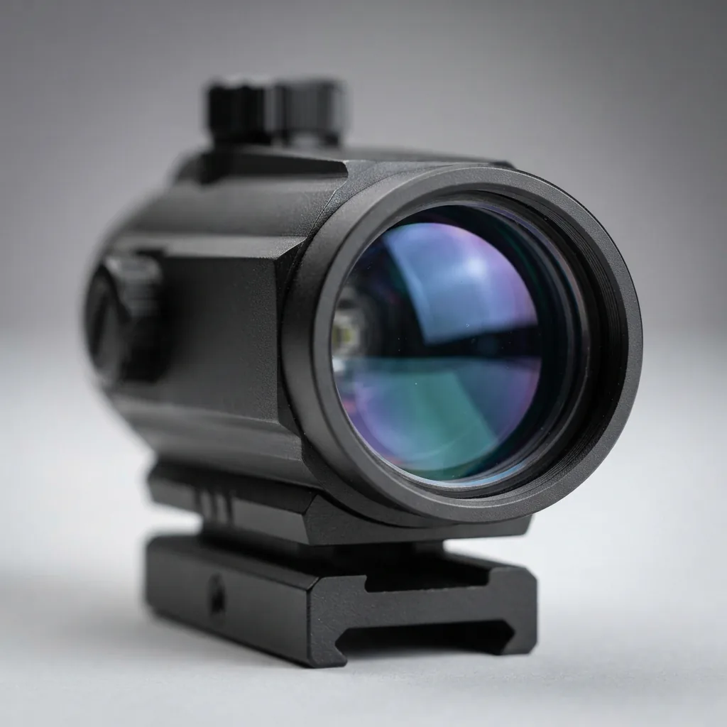 Simmons Pro Target 1x25mm Reflex Red Dot Sight showing its multi-coated glass lens reflecting light.