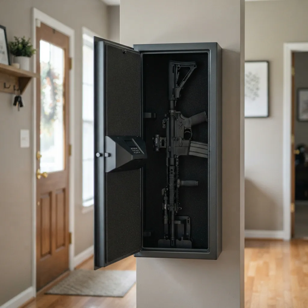 A home defense rifle with a red dot sight secured in a quick-access safe near a doorway.