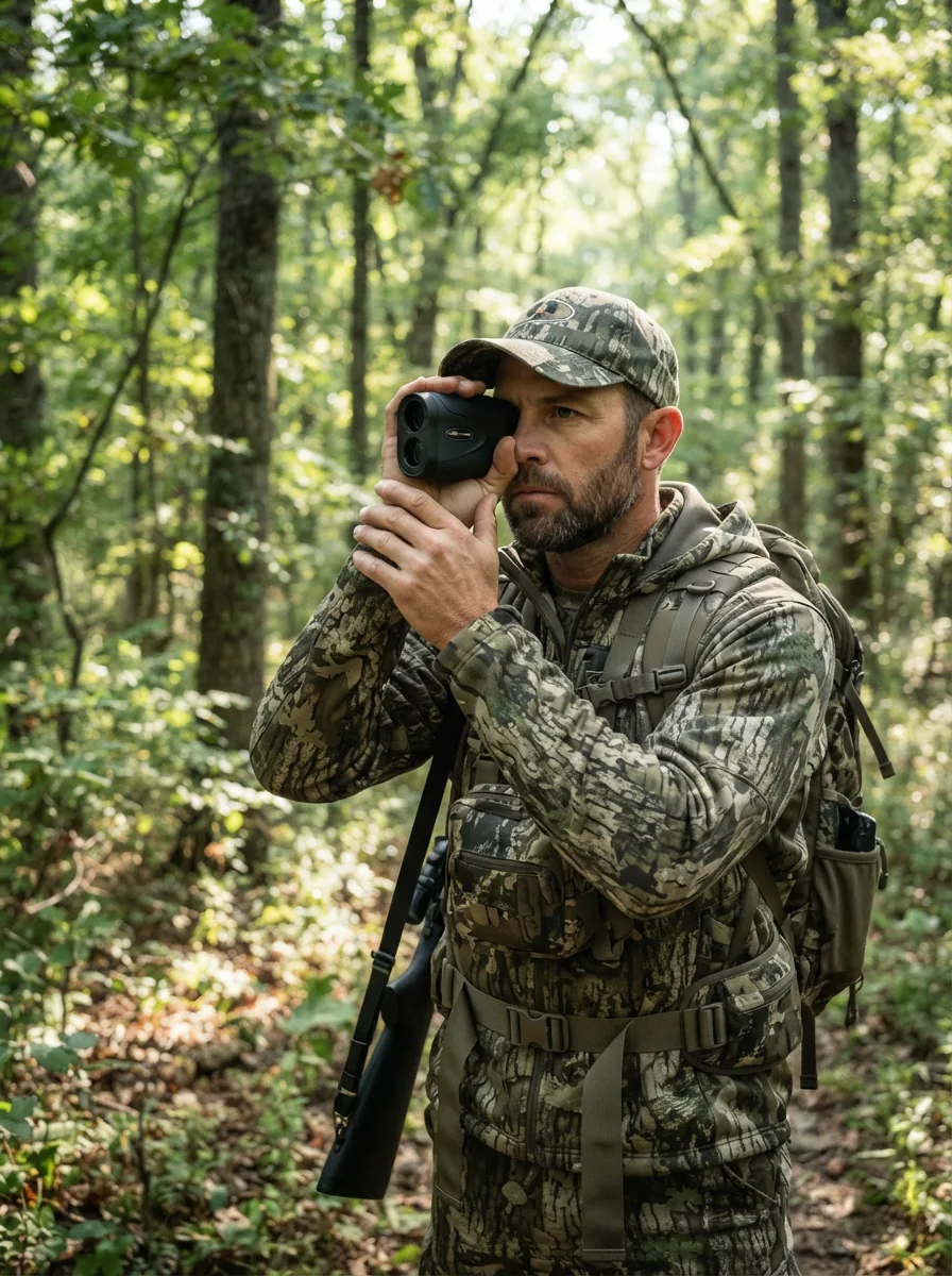 A hunter in a forest holding a Simmons rangefinder, looking through it intently.
