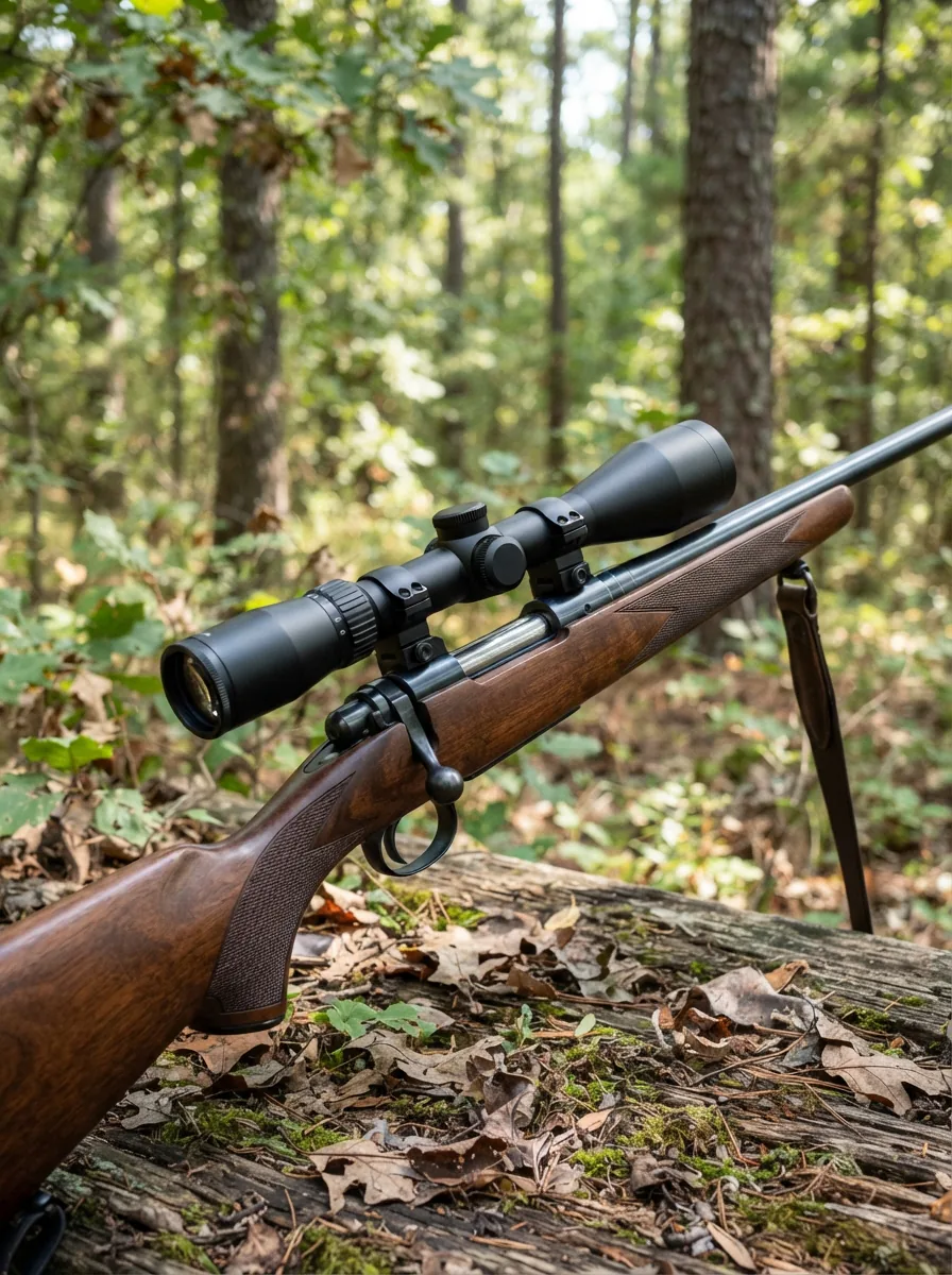 Simmons Pro Hunter 4-12x40mm Riflescope mounted on a rifle in a hunting setting.