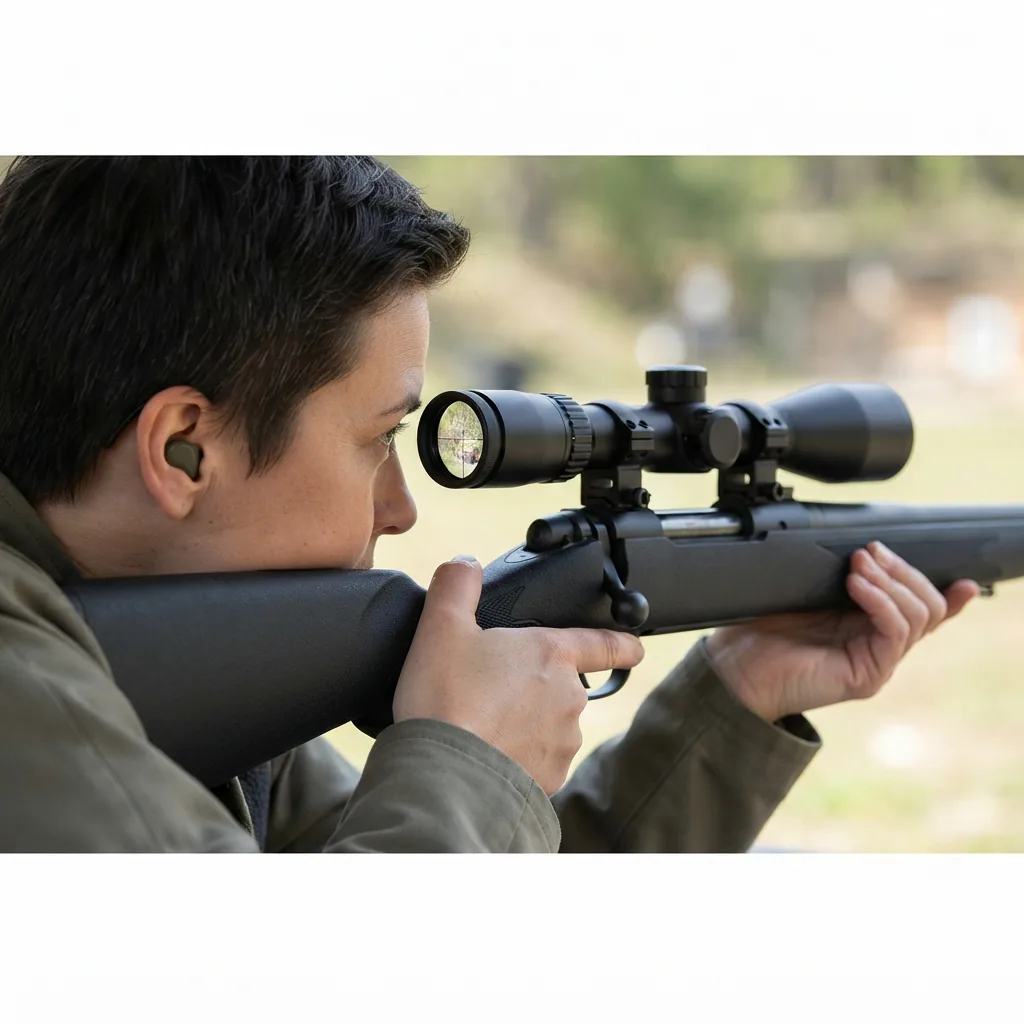 A shooter's eye positioned behind the eyepiece of the mounted Simmons riflescope, checking for a clear sight picture.