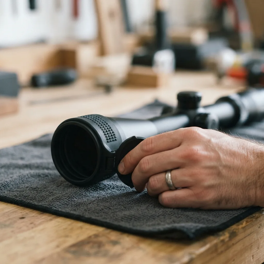 Simmons Pro Rimfire scope with lens covers being placed on the lenses.