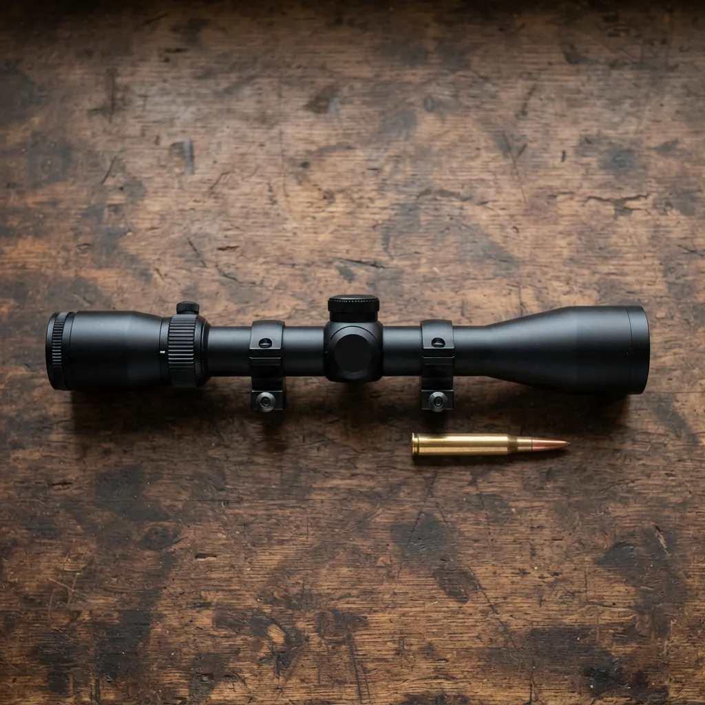 Simmons PRO Hunter 3-9X40MM RIFLESCOPE displayed next to a cartridge for scale.