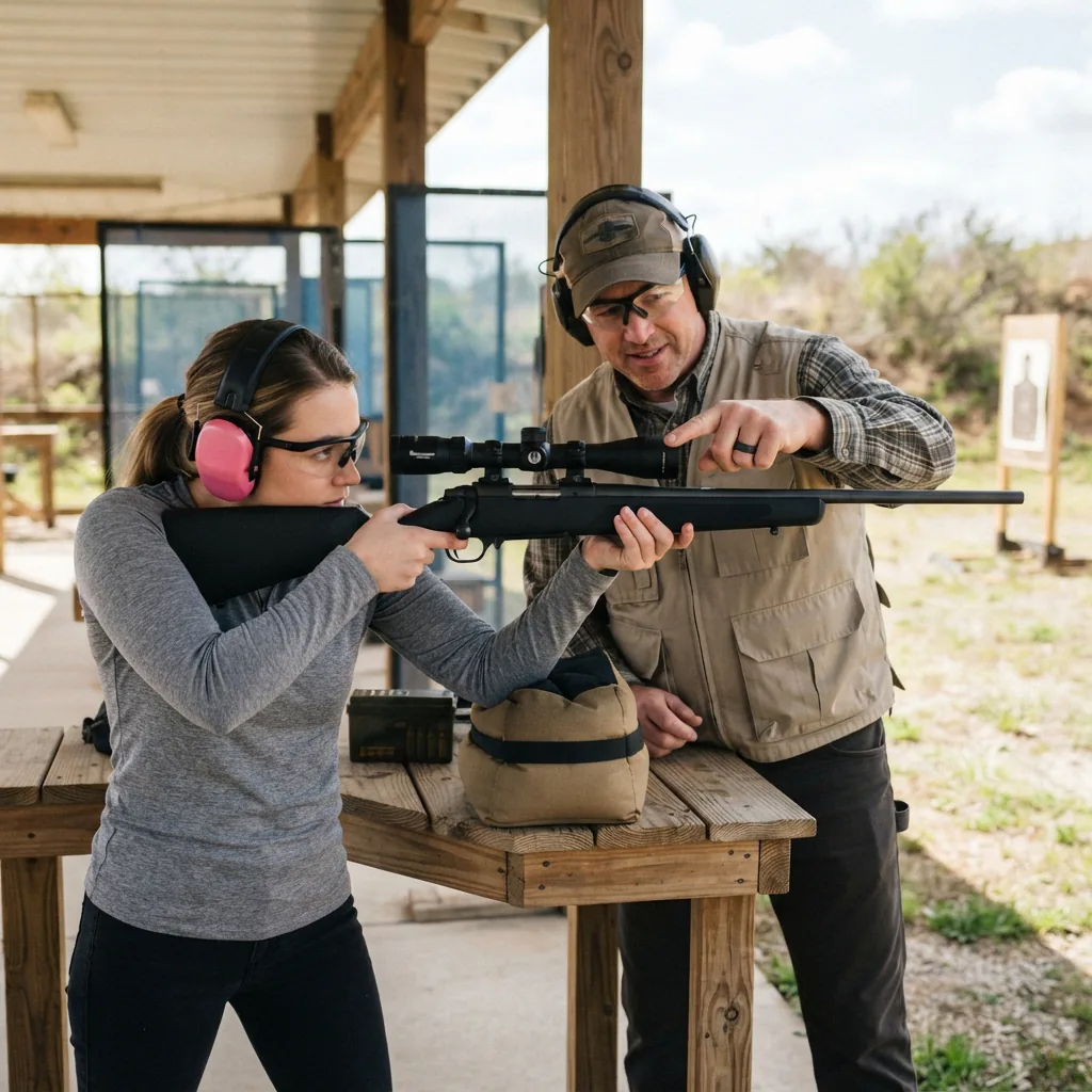 A new shooter being instructed on how to use a rifle with a Simmons Pro Rimfire Riflescope at an outdoor range.