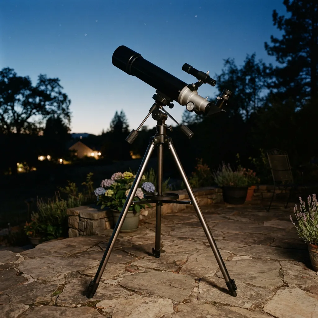 The Simmons 600 Power/60mm Refractor Telescope with its tripod on a patio.