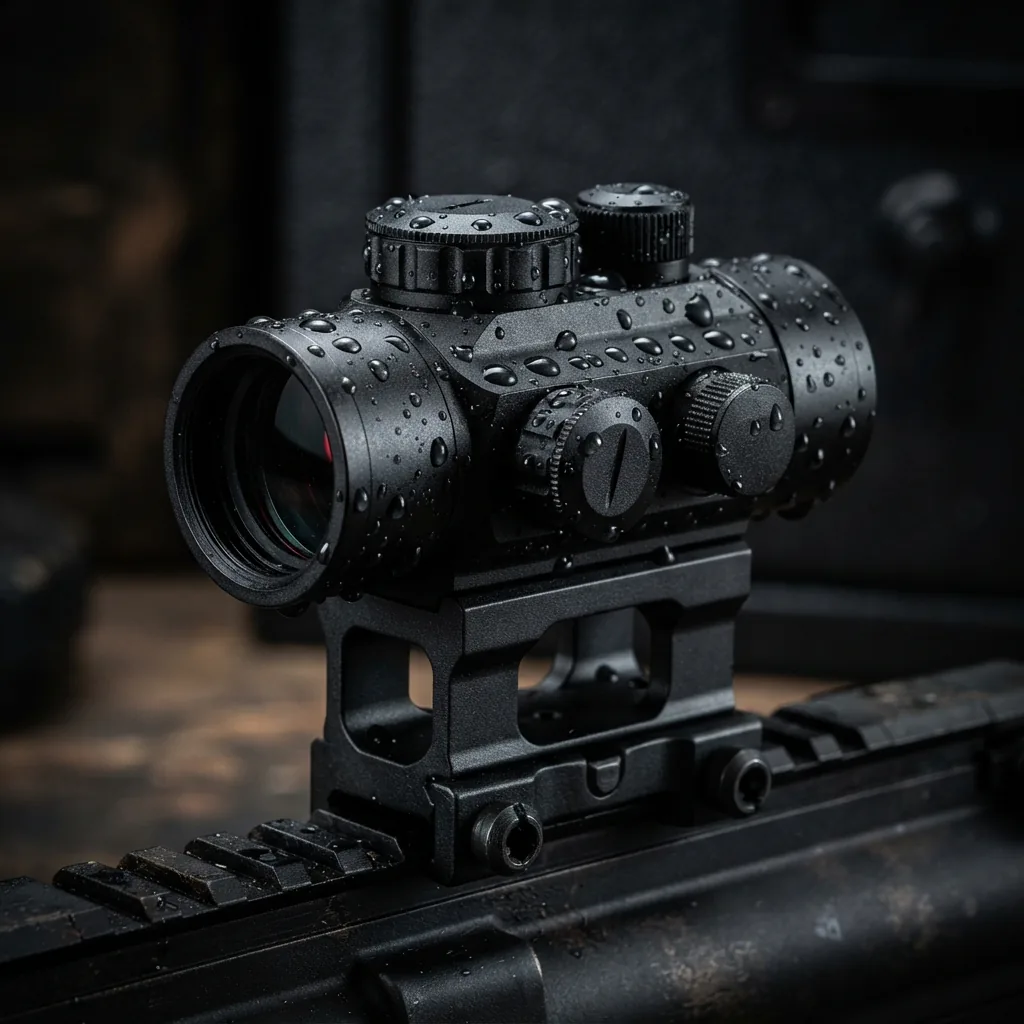 Simmons Pro Target 1x30mm Tube Red Dot sight with water droplets on its housing, showing its waterproof feature.