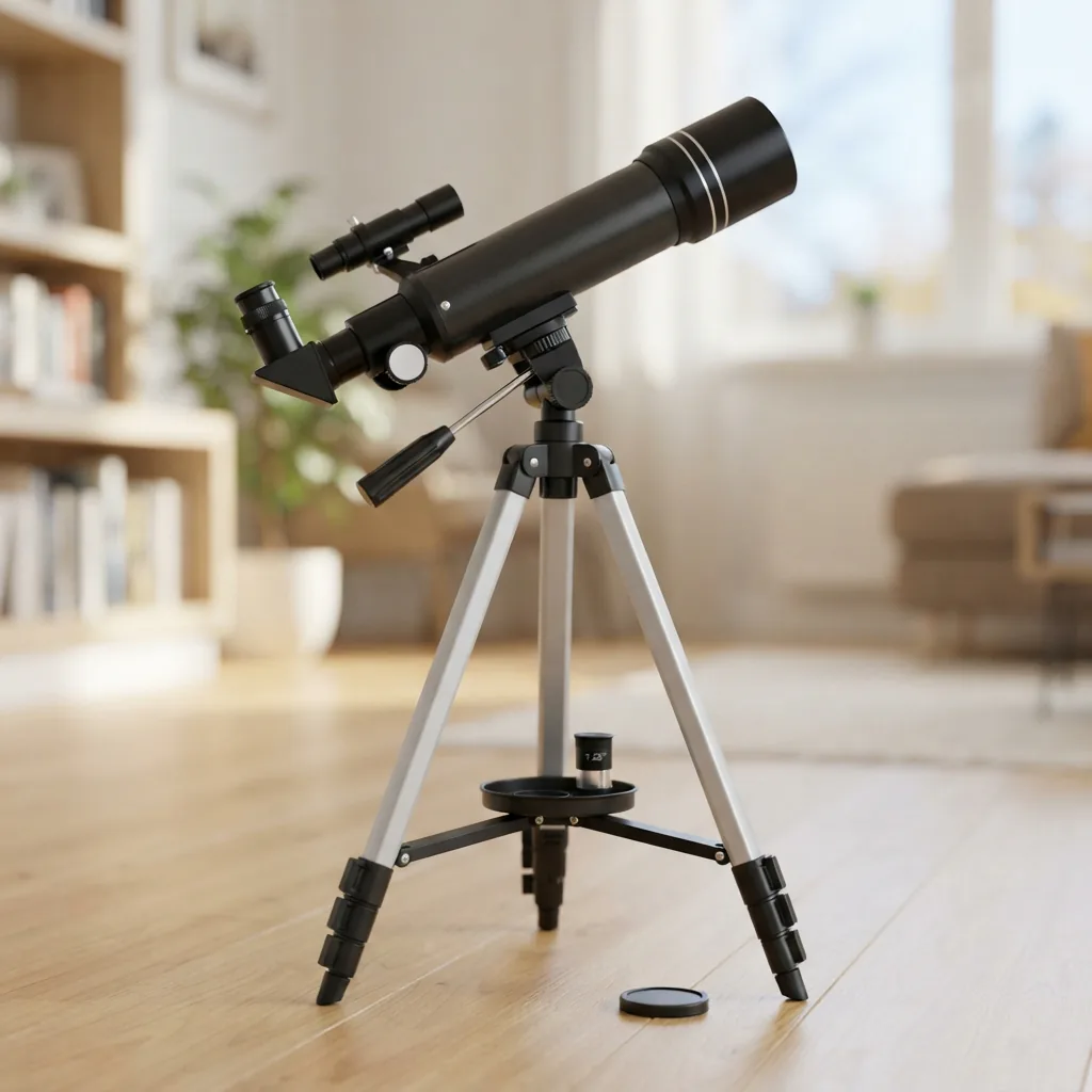 The Simmons Starter 50mm Refractor Telescope for Beginners on a tripod.