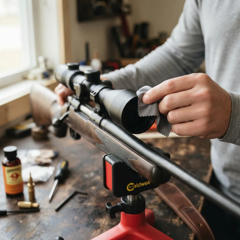 A person using the included microfiber cloth to gently clean the objective lens of the Simmons Pro Hunter riflescope.