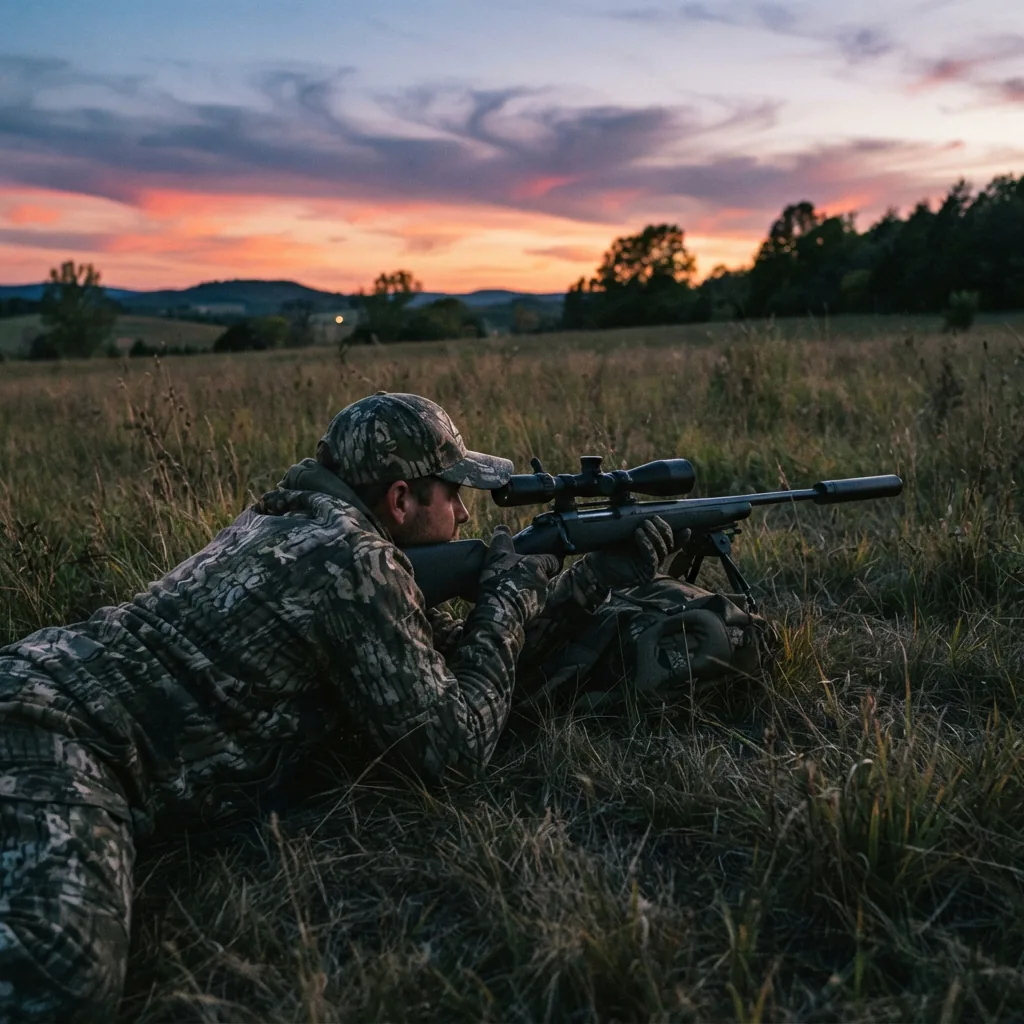 A predator hunter using a rifle with the Simmons Pro Hunter scope in an open field at dusk.