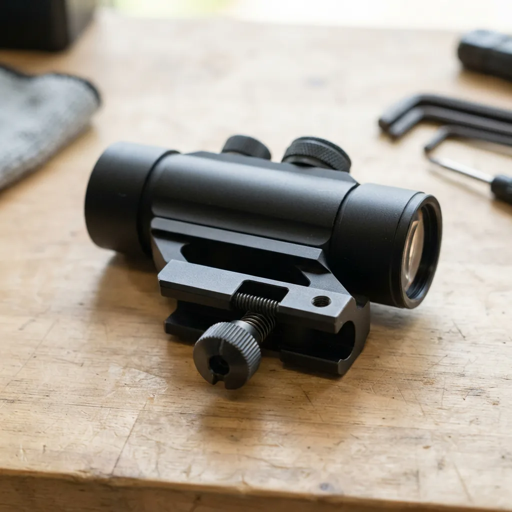 Close-up of the integrated Weaver mount on the base of the Simmons 1x20 Pro Target Tube Red Dot Sight.