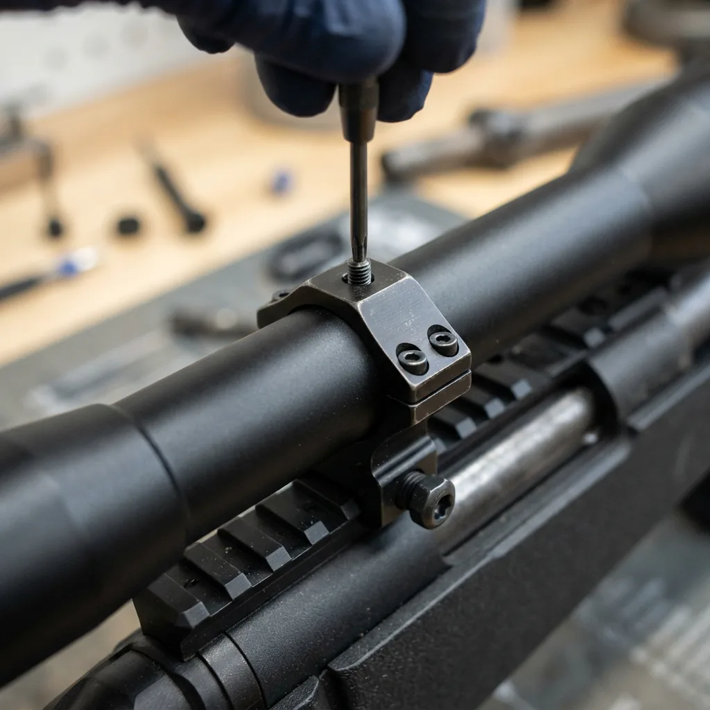 Simmons Pro Hunter riflescope being secured to a rifle with Weaver-style rings.