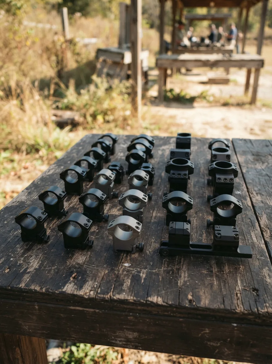 A collection of Simmons scope rings in various sizes and finishes arranged on a wooden shooting bench.