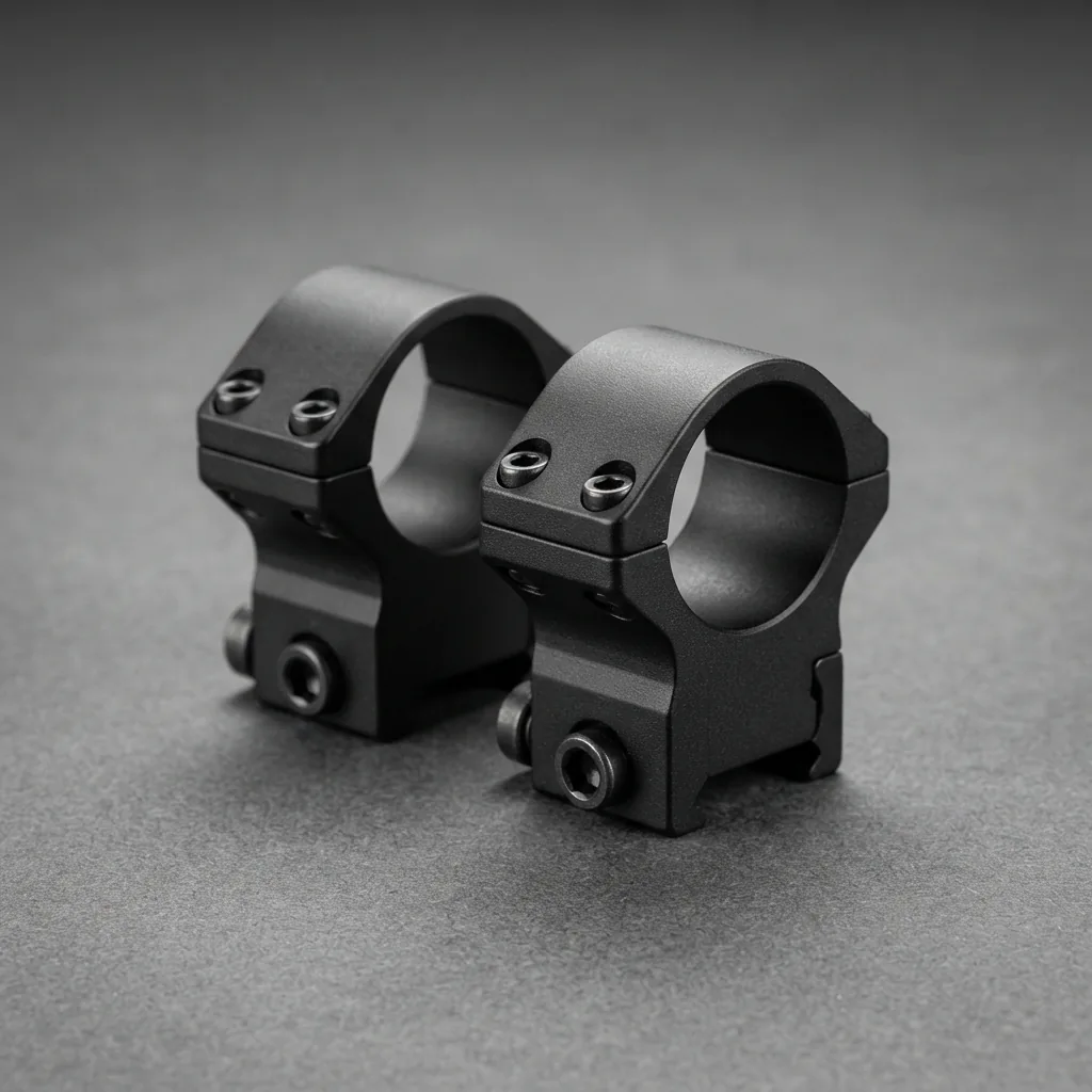 Simmons 1-inch medium-height matte black steel scope rings on a dark background.