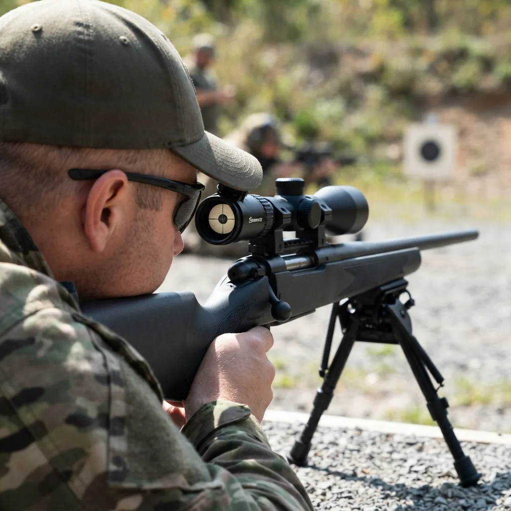 A shooter looking through the mounted Simmons riflescope at a target downrange.