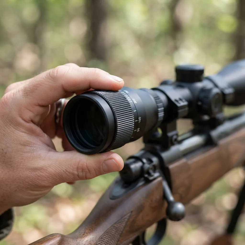 A close-up of a hand adjusting the objective lens ring on a rifle scope