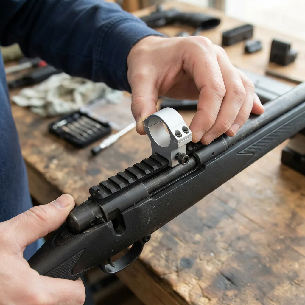 Hands placing the bottom half of a Weaver-style ring onto a rifle's scope rail.